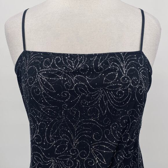 Vintage Y2k Maxi Overlay Glitter Floral Dress Split Front Gown Black Silver - Picture 4 of 11